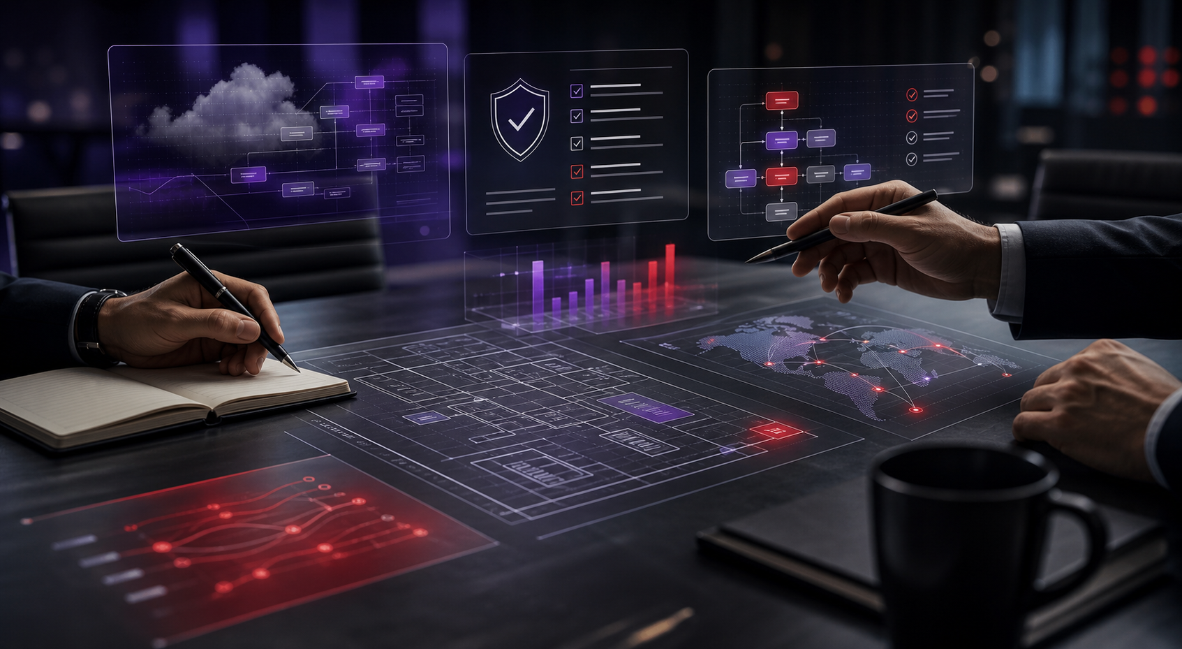 Technology advisory workspace with architecture, security, and workflow planning